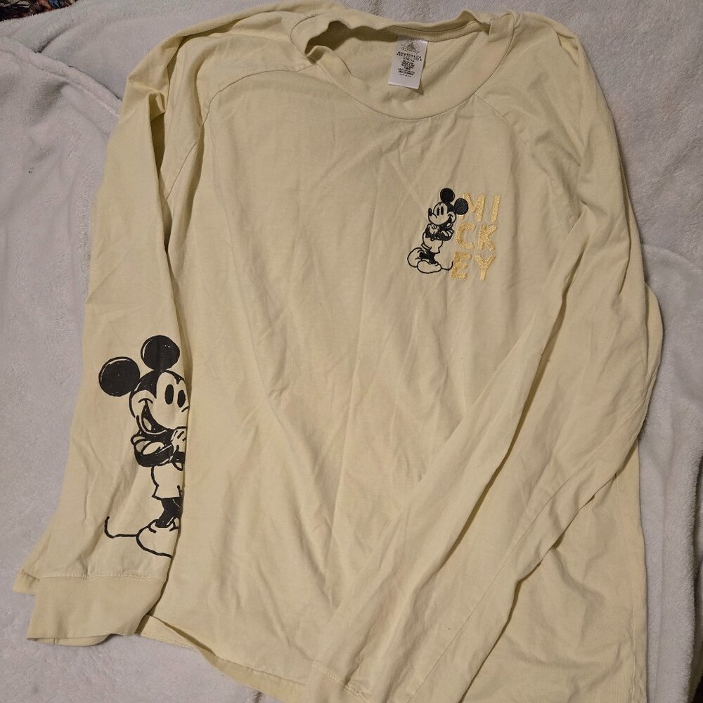 DISNEY Mens XL Black And White Mickey Mouse Yellow LS Tee Shirt Embroidered